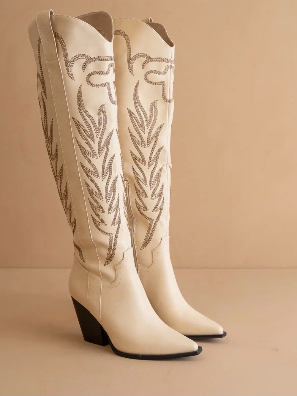 OASIS SOCIETY Women's Cream Embroidered Western Knee-High Boots